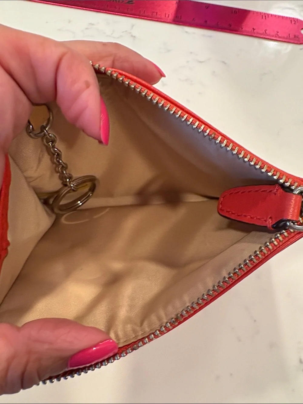 Coach terracotta /red Leather Zip Card Case with Key Ring